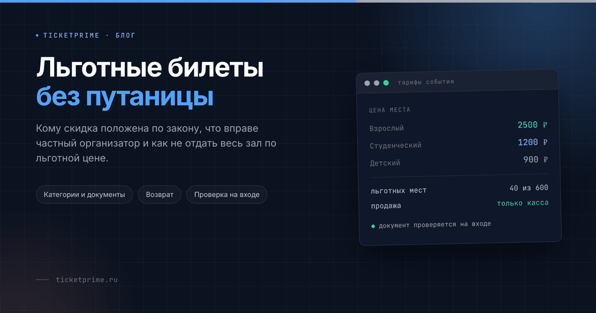 Льготные билеты: взрослая, студенческая и детская цена одного места, ограниченное число льготных мест и проверка документа на входе